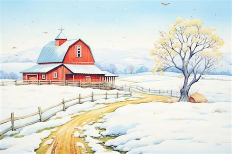 Premium Ai Image Red Barn Visible From A Snowy Farm Trail