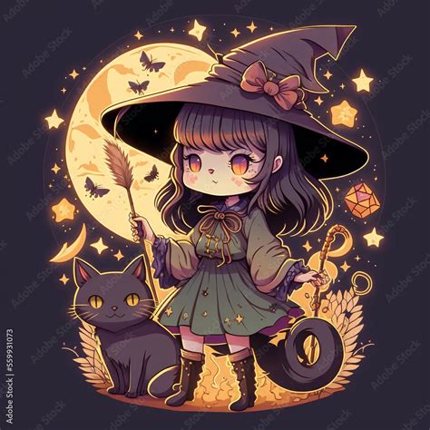 Chibi Cute Isolated Cartoon Cat Witch With Black Hat Magic Wand Stars