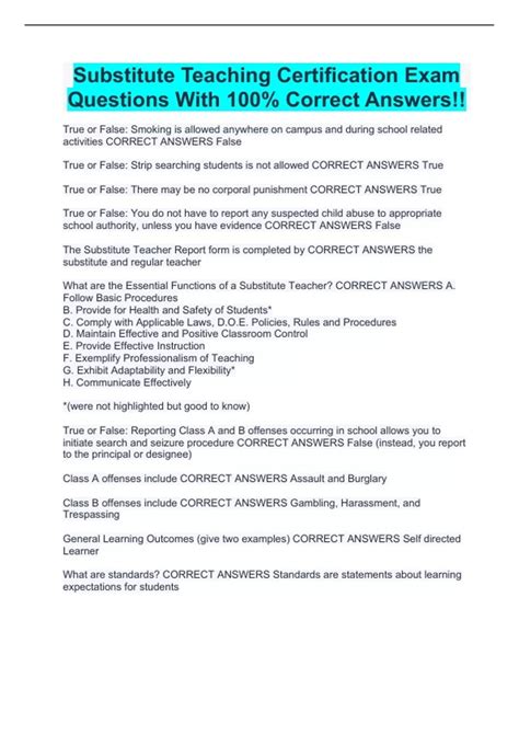 Substitute Teaching Certification Exam Questions With 100% Correct