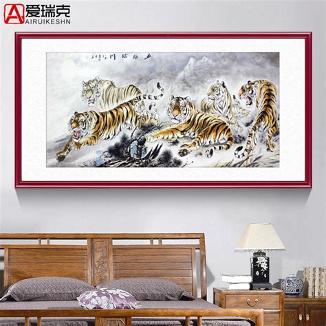 老虎画挂画客厅国画中式装饰画老虎下山图上山虎图横版百兽之王画虎窝淘