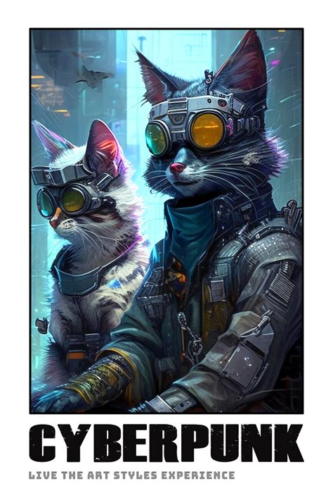 Wall Art Print Cyberpunk Style Futuristic Dystopian Cats Mod