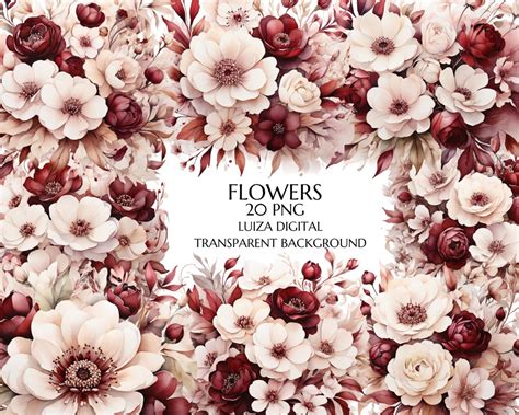 White and Burgundy Flowers PNG, Watercolor Floral Clipart Bouquets ...