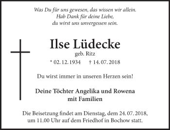 Traueranzeigen Von Ilse L Decke M Rkische Onlinezeitung Trauerportal