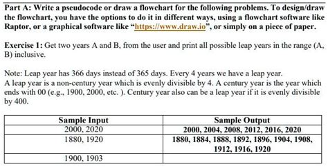 SOLVED Part A Write A Pseudocode Or Draw A Flowchart For The