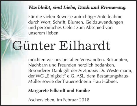 Traueranzeigen Von G Nter Eilhardt Abschied Nehmen De