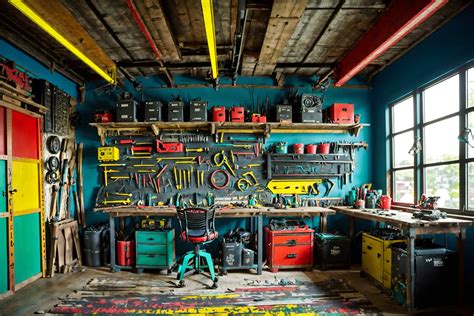 Maximalist-style (workshop interior) with tool wall and wooden ...