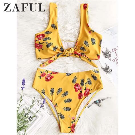 ZAFUL Bikini High Cut Printed Knotted Bikini High Waisted Bathing