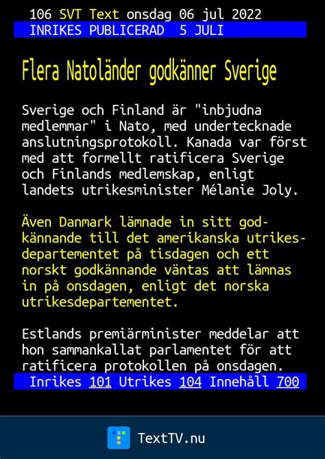 Flera Natoländer godkänner Sverige SVT Text TV