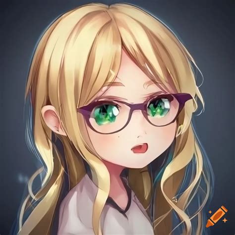 Charming Chibi Anime Girl With Blonde Hair Green Eyes And Glasses On