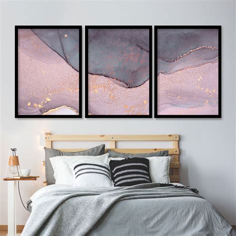 Conjunto De 3 Quadros Decorativos Para Quarto Casal Abstrato Rosa Crepe Rose Gold