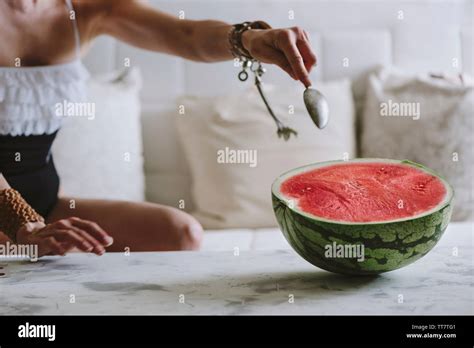 Woman In Bikini Eating Watermelon Hi Res Stock Photography And Images Alamy