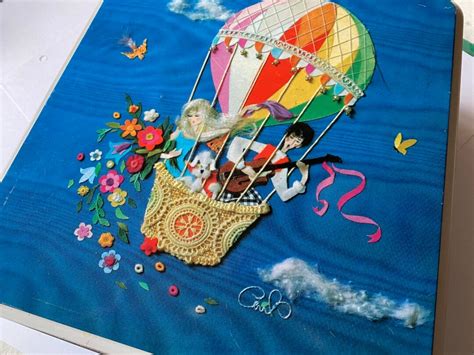 Vintage Hot Air Rainbow Balloon Tin Man Serenading Woman With Poodle Romantic Great Brittain