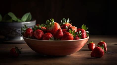 Fresas Frescas En Un Bol Sobre Una Mesa De Madera Con Una Escena De