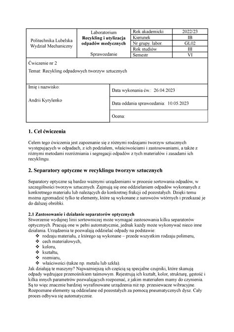 Cw Sprawozdanie Z Wiczenia Laboratoryjnego Nr Politechnika