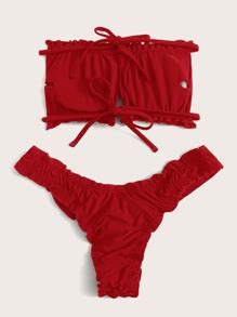 SHEIN Swim Basics Ruched Lettuce Trim Bandeau Bikini Swimsuit SHEIN USA