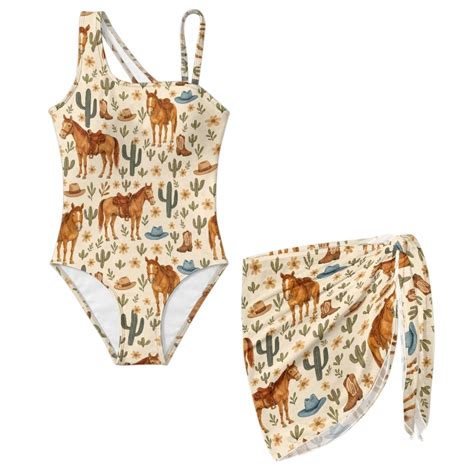 chaqlin Horse Print Swimwear Western Cactus Horse Girls One Piece