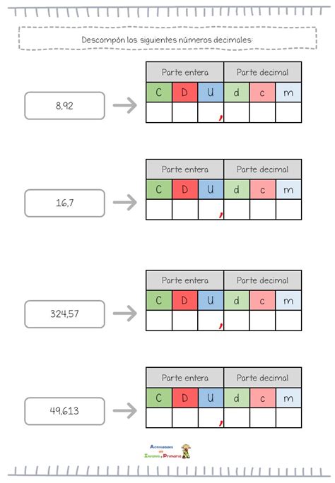 Descomposición De Números Decimales Plantilla Del Ejercicio