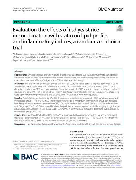 Pdf Evaluation The Effects Of Red Yeast Rice In Combination With