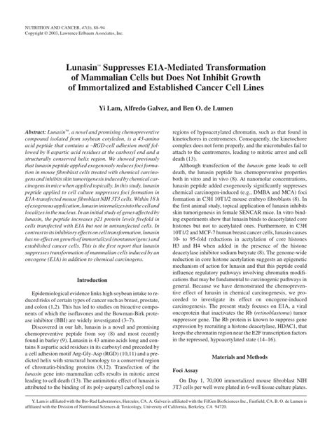 Pdf Lunasin Suppresses E A Mediated Transformation Of Mammalian