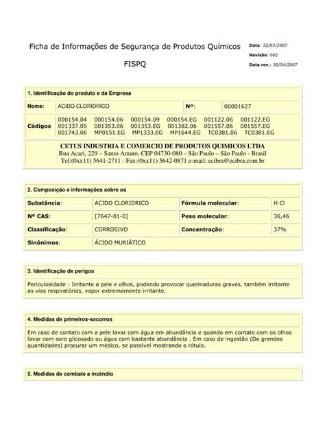 PDF Ficha de Informações de Segurança de Produtos Químicos