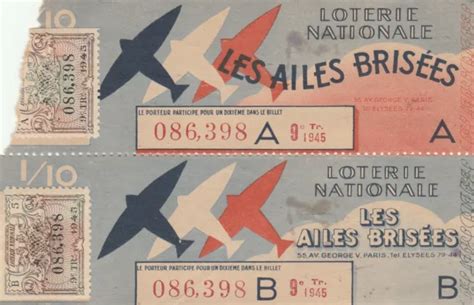 RARE BILLET DE la LOTERIE NATIONALE 1945 Les Ailes Brisées EUR 2