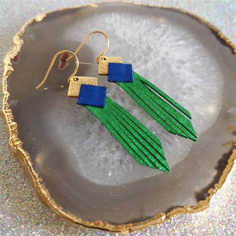 Boucles d oreilles en cuir frange Or bleu cobalt vert émeraude