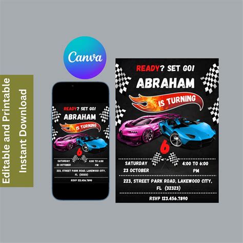 Editable Wheels Hot Cars Birthday Invitation Template Printable Canva Mobile Car Racing Wheels