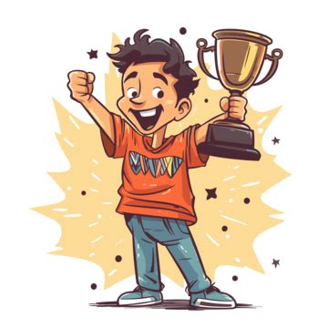 win clipart boy holding  trophy   orange shirt   happy face