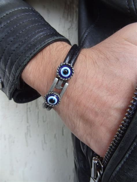 Men S Evil Eye Bracelet Black Leather Bracelet Etsy Black Leather