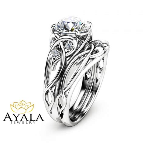 14K White Gold Unique Engagement Rings 2 Carat Diamond Ring Set Unique ...