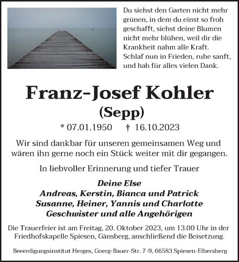 Traueranzeigen Von Franz Josef Kohler Saarbruecker Zeitung Trauer De