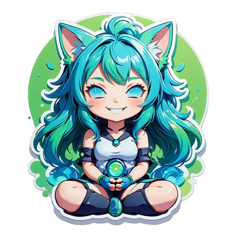 I Made An Ai Sticker Of Anime Cybernetic Catgirl With Blue Skin And Green Gradient Hair