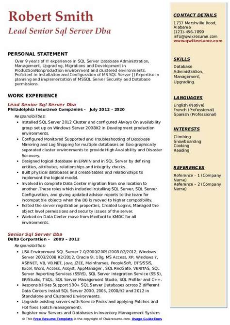 Senior Sql Server Dba Resume Samples Qwikresume