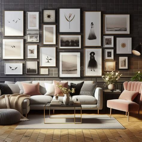 A Gallery Wall Filled With Framed Artwork In A Living Stock Image