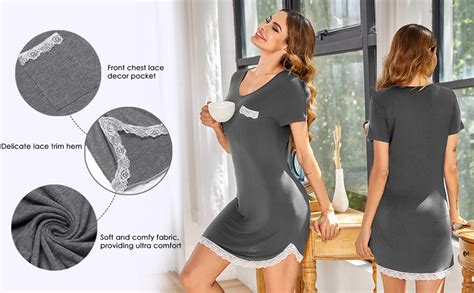 Ekouaer Nightgown Womens Sexy Sleep Shirt Dress V Neck Short Sleeve