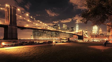 Brooklyn Bridge Park At Night Background, Blue, City, Financial District Background Image And ...