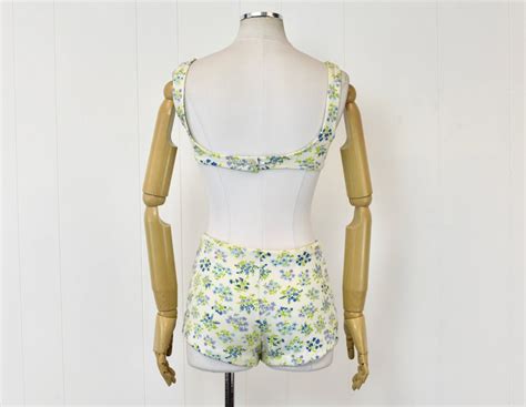 1960s Bikini Floral Print White Green Two Piece Swimsuit Etsy