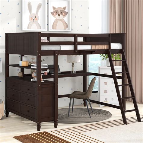 Full Size Loft Bed With Built In Desk And Storage Drawers Solid Wood