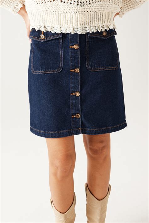 Buttoned Denim Skirt Rinse Denim