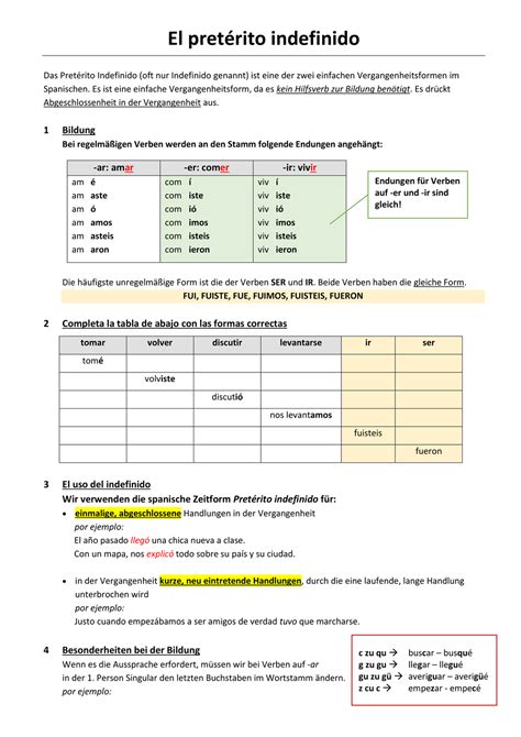 El Indefinido Merkblatt Unterrichtsmaterial Im Fach Spanisch