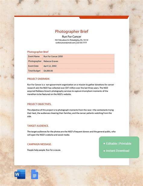 Photoshoot Brief Template