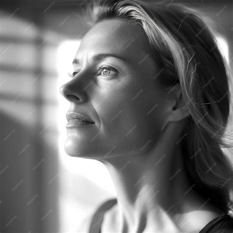 Premium Photo | A woman with blonde hair and a black shirt is looking up.