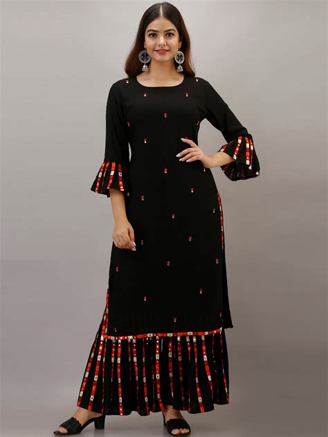 Buy KALINI Women Black Ethnic Motifs Embroidered Mirror Work Kurti With