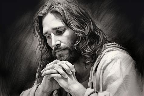 A black and white drawing of a jesus praying. | Premium AI-generated image