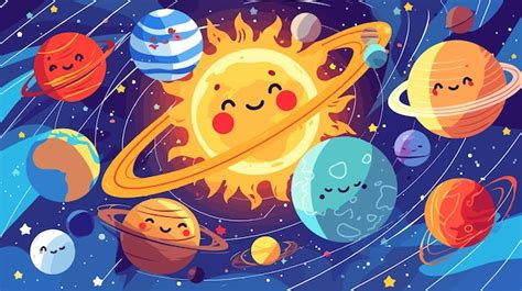 Una Ilustración De Dibujos Animados De Un Planeta Con Planetas Y Planetas Vector Premium