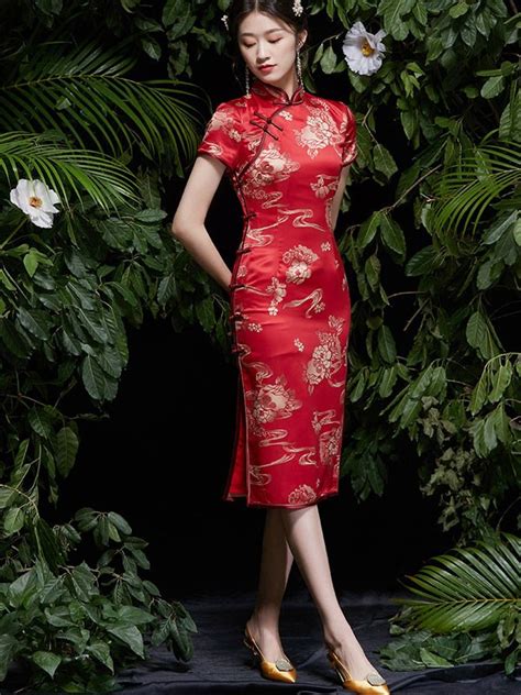 2021 Red Jacquard Midi Wedding Qipao Cheongsam Dress Cozyladywear