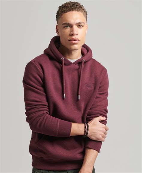 Mens Organic Cotton Essential Logo Hoodie In Track Burgundy Marl