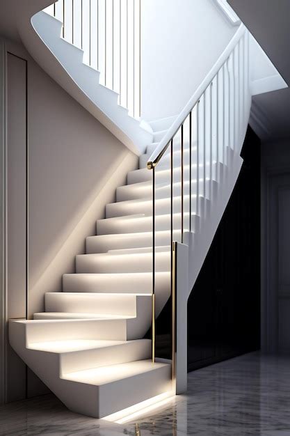 Premium Ai Image White Marble L Shape Floating Stairs Led Stripe