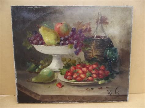 Ancien Tableau Huile Sur Toile Xix Nature Morte Aux Fraises Fruits