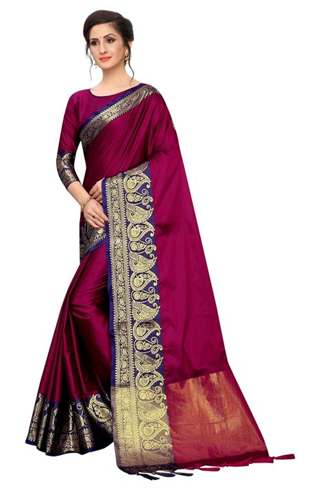 Maroon Kanchipuram Cotton Silk Saree With Unstitched Blouse Etsy